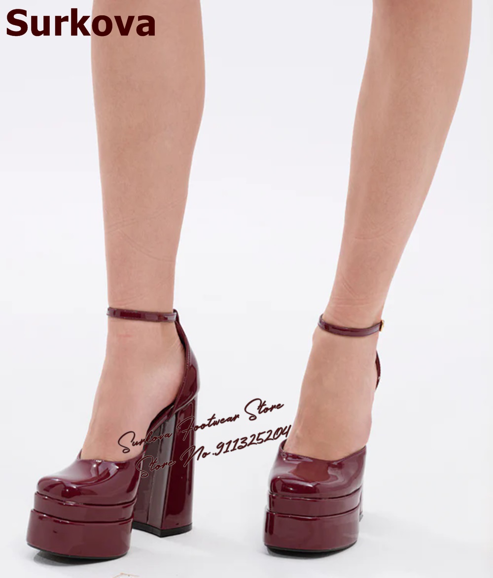 Women'S Shoes Burgundy - Szpilki Surkova Burgundy Lakierowana Skóra Grube