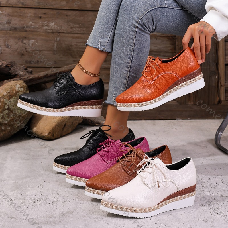 Espadrille Wedge Shoes - Skórzane sznurowane damskie oksfordki na koturnie,