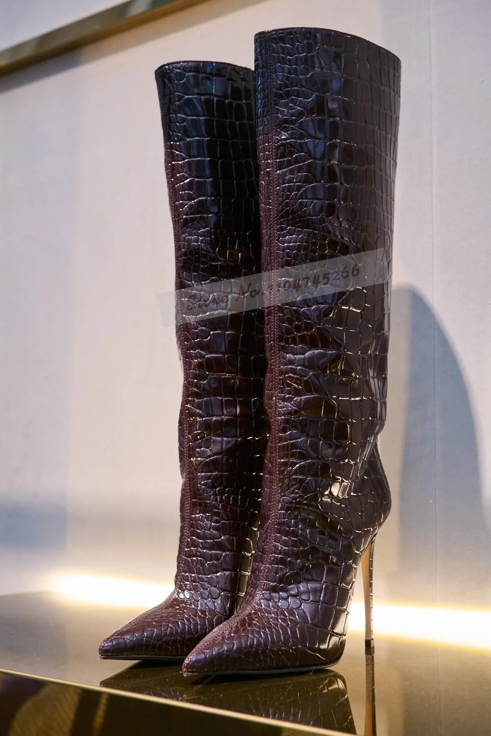 Women'S Shoes Burgundy - Burgundowe krokodylne buty na cienkim wysokim