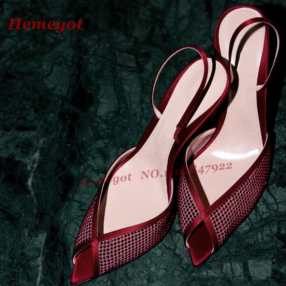 Women'S Shoes Burgundy - Damskie bordowe satynowe szpilki z siateczką,
